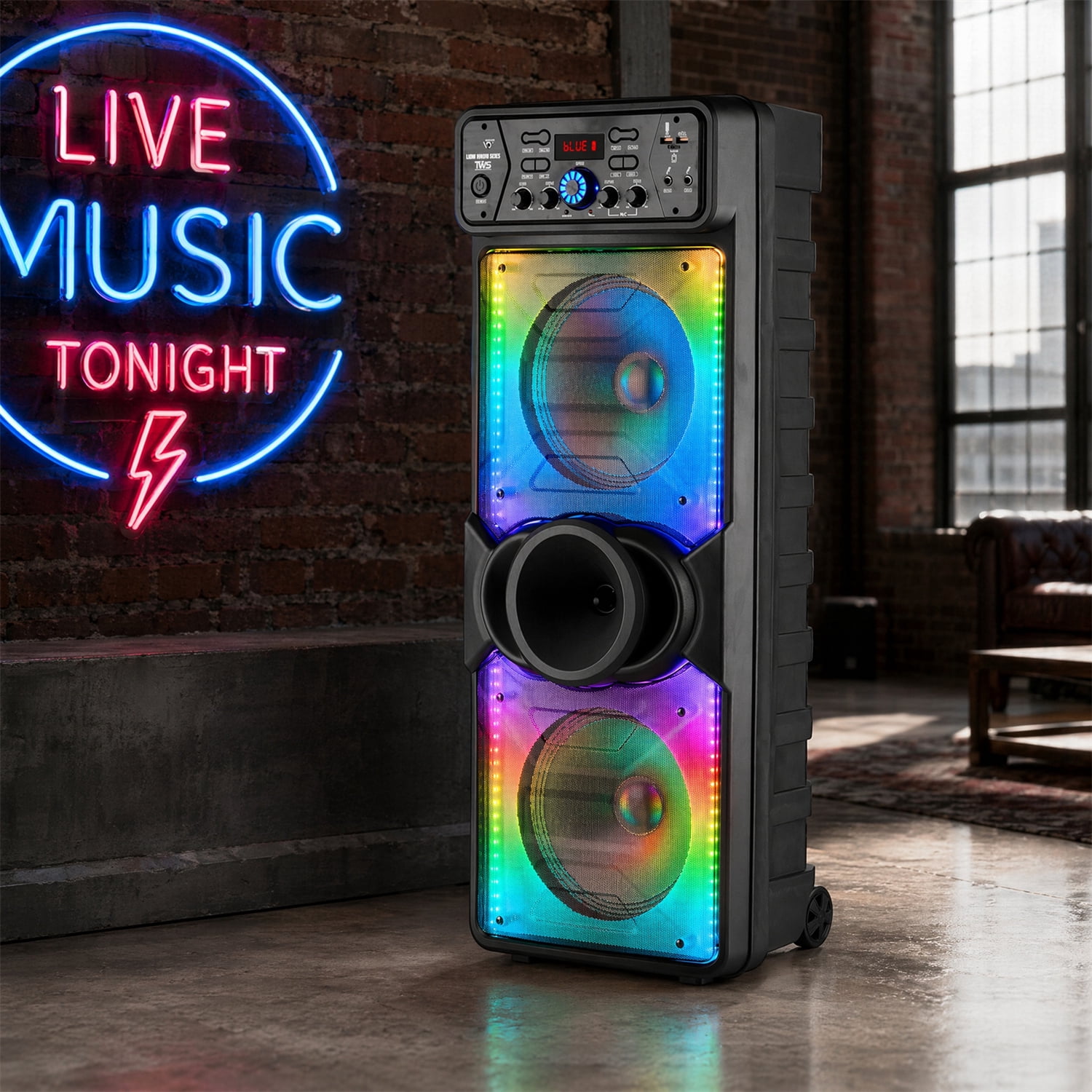 Lohoms Portable Wireless Speaker, Dual 10" Subwoofer & Double 2" Tweeter Trolley Bluetooth Speaker W/ Microphone Heavy Bass Stereo Woofer Party PA System, AUX, FM, Remote, Karaoke LED Light, 37" H