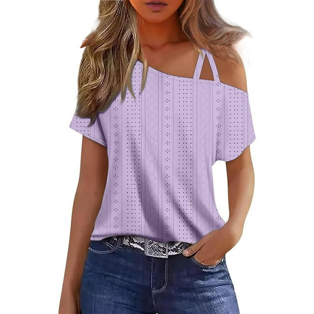 Wlynlyn Going out Tops for Women 1 Cold Shoulder Solid Color Short Sleeve Shirts Loose Fitted Tunic Shirts M
