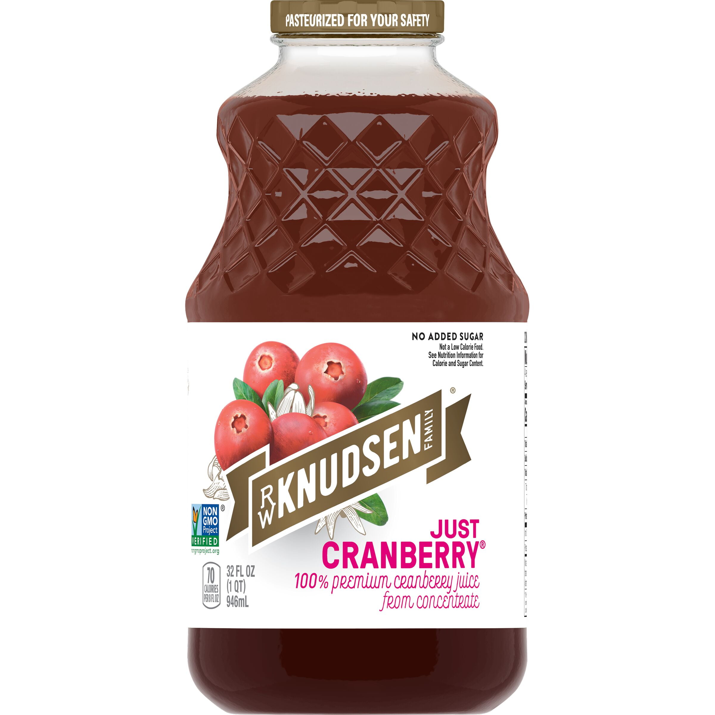 R.W. Knudsen Family Just Cranberry Juice, 100% Juice, 32 oz, Glass Bottle
