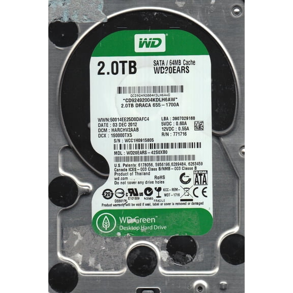 WD20EARS-42S0XB0, DCM HARCHV2AAB, Western Digital 2TB SATA 3.5 Hard Drive