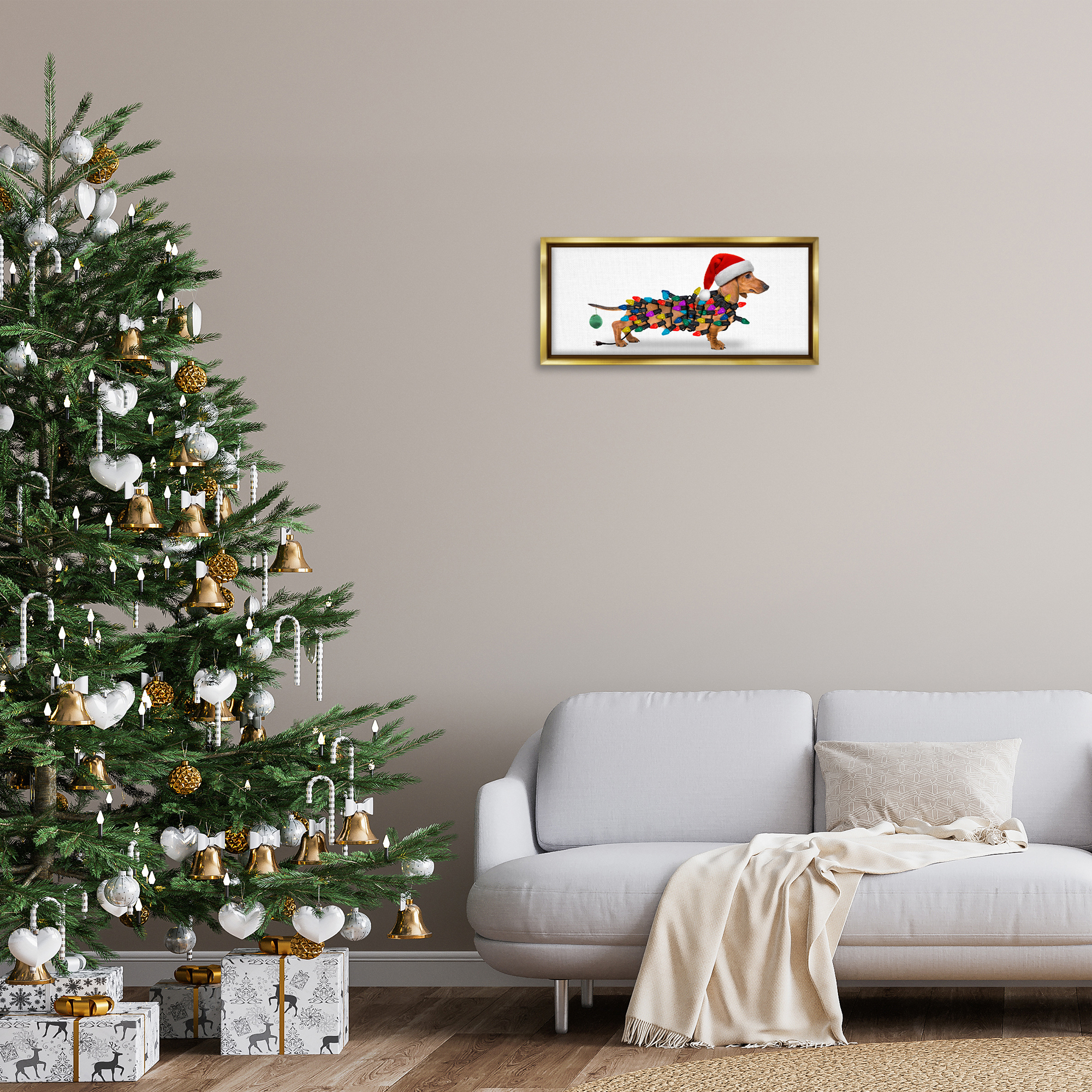 Stupell Industries Holiday Lights Dachshund Holiday Painting Gold Floater Framed Canvas Art Prints Wall Art, 25 x 11