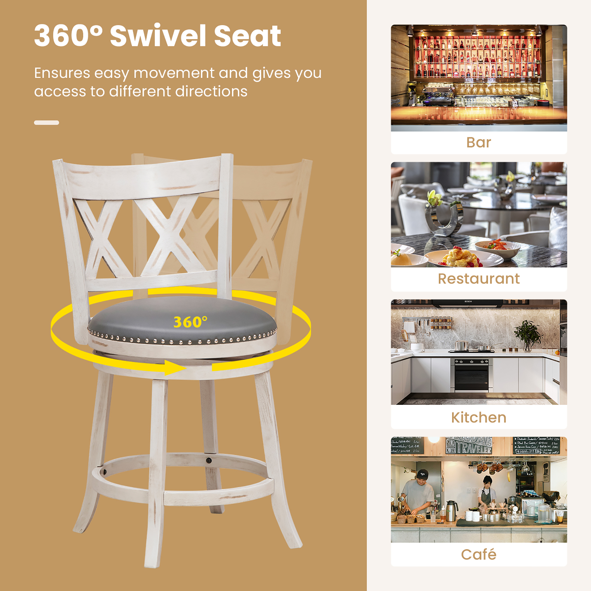 Gymax 25.5'' Swivel Bar Stools Set of 4 Solid Wood Stools w/ X-shaped Backrests Antique White & Gray
