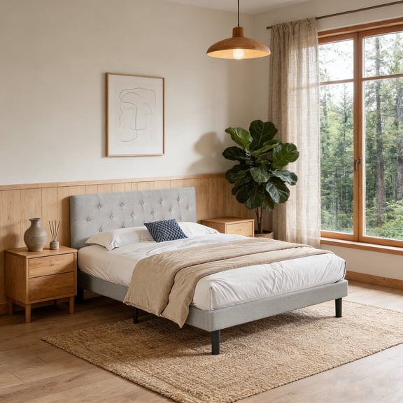 ASINMAK Queen Size Linen Upholstered Bed Frame with Wood Slat Support, Light Gray