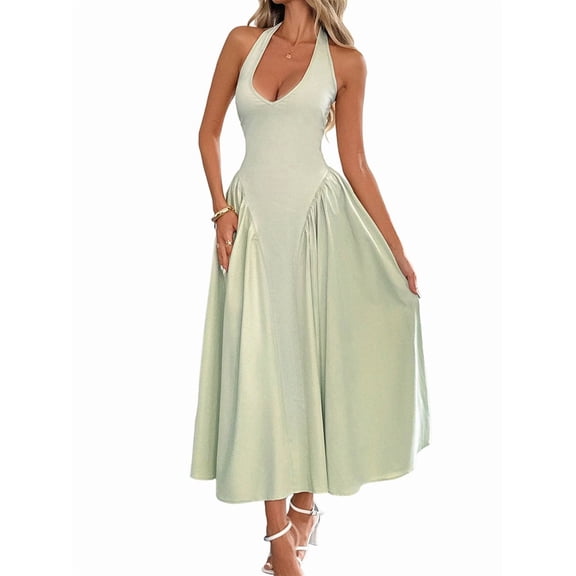 Women'S Casual Midi Dress V Neck Sundress Elegant Flowy A Line Beach Long Dress Light Green S