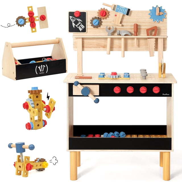 Banco de herramientas para niños Par Pear Wooden Toys 2 en 1 con caja de herramientas 3+
