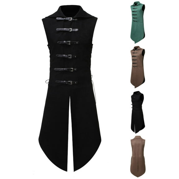 purcolt Mens Gothic Steampunk Vest Vintage Tailcoat Sleeveless Waistcoat Jacket Collared Medieval Long Trench Coats