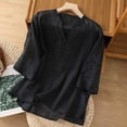 thumbnail image 2 of Lovskoo Cotton Linen Shirts for Women 3/4 Sleeve V Neck Casual Summer Tops Loose Tee Shirts Blouse Navy, 2 of 9