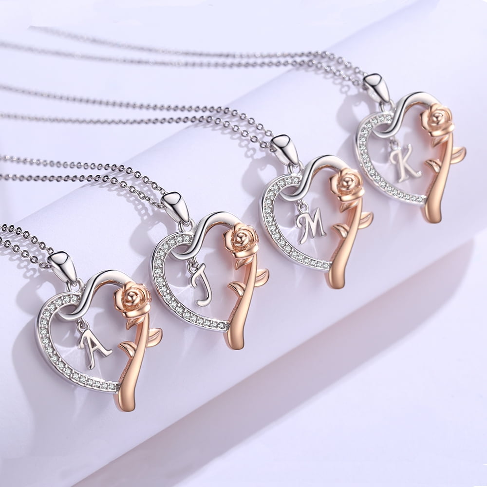 Coachuhhar Initial Letter Necklace 925 Sterling Silver Love Heart Letters with Rose Flower Pendant Necklace Jewelry Gifts for Women