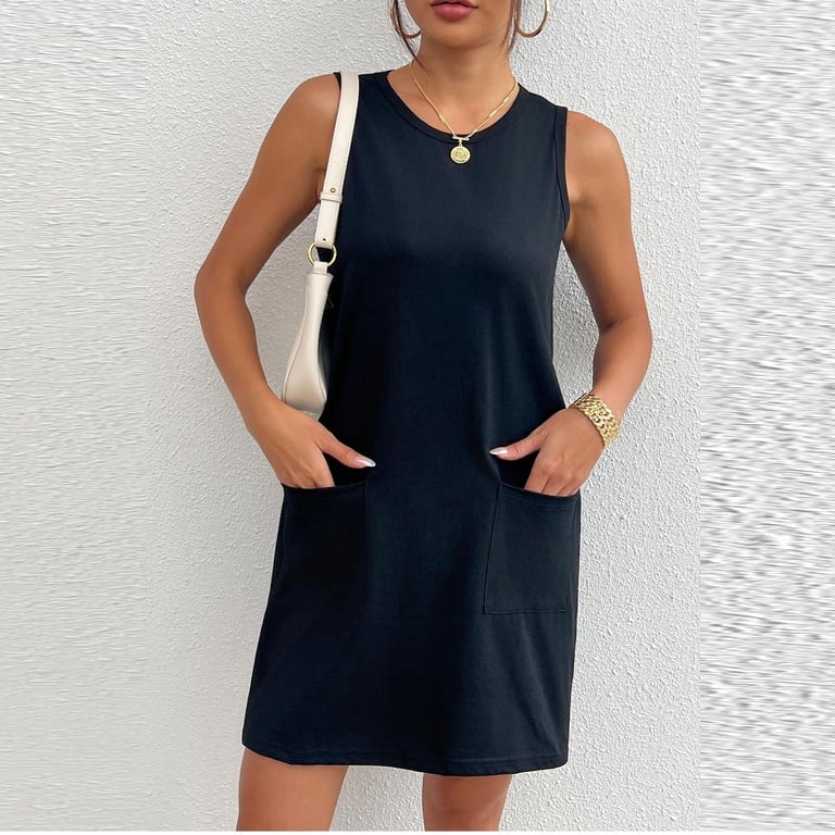 XUELUO Summer Dresses For Women Solid Color Crew Neck Sleeveless A Line Casual  Sports Tennis Mini Dress With 2 Pockets Holiday Wear,Black,XL - Walmart.com