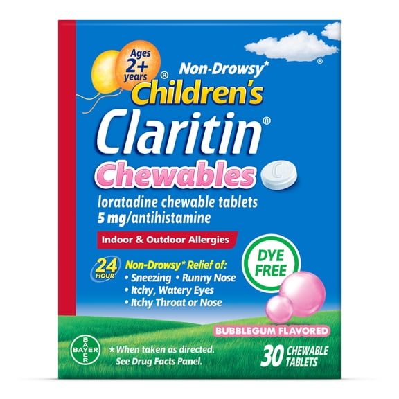 Children's Claritin 24 Hour Non-Drowsy Allergy Relief, Loratadine Antihistamine Bubblegum Chewable Tablets, Dye-free, 30 Count