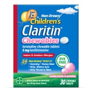 Children's Claritin 24 Hour Non-Drowsy Allergy Relief, Loratadine Antihistamine Bubblegum Chewable Tablets, Dye-free, 30 Count