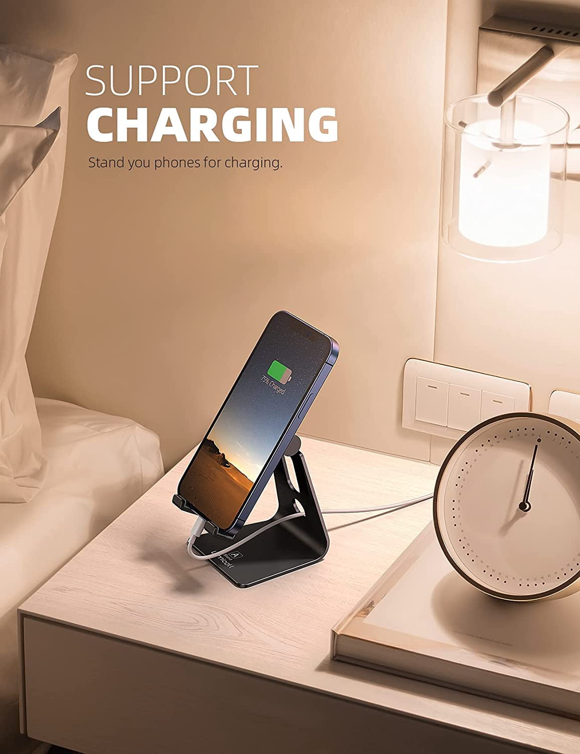Adjustable Cell Phone Stand, Desk Holder, Cradle, Dock, Compatible with iPhone 17 16 15 14 Air Plus Pro Max 13 12 X XS, 4-8" Phones, Office Accessories Gifts, All Smartphone, Black