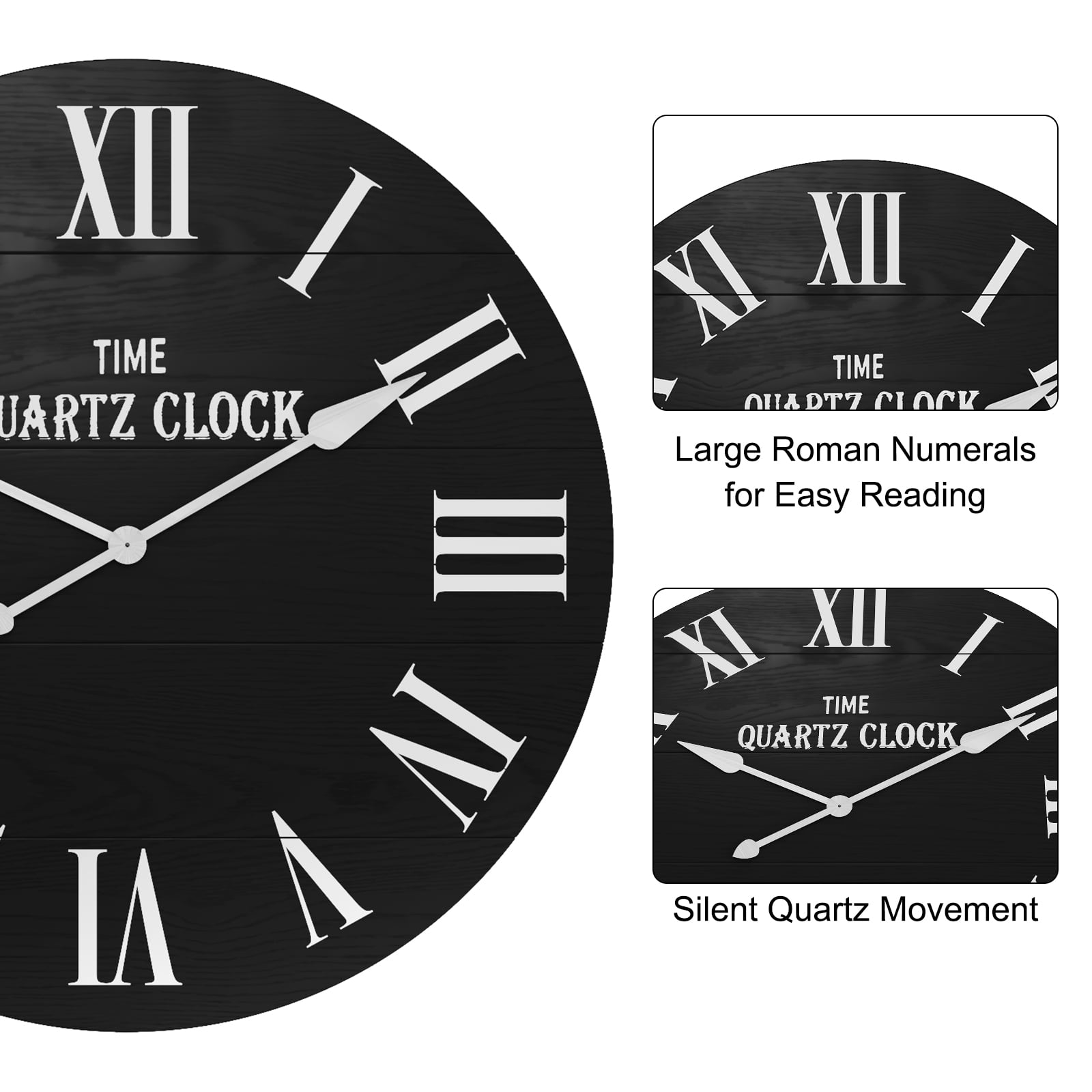HLR 35.5” Farmhouse Large Shiplap Round Wall Clock with Roman Numeral for Living Room Decor, Black