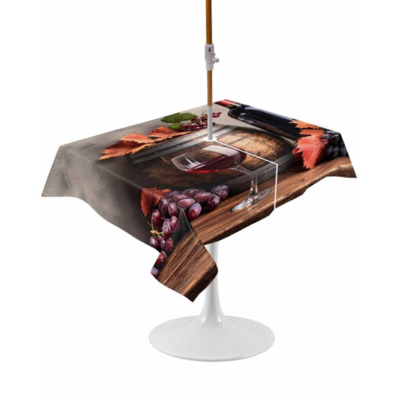 Outdoor Table Cloth with Umbrella Hole and Zipper, Purple Grapes Farmhouse Waterproof Rectangle Tablecloth 54"x80", Vintage Cask Maple Leaf Washable Table Cover for Outside Party Patio Picnic