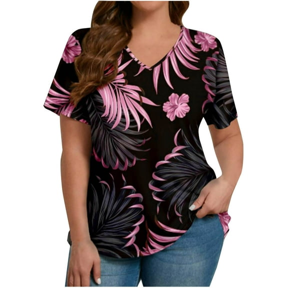 Plus Size Tops for Women Floral Printed V Neck Short Sleeve Shirts Summer Fashion Casual Loose Fit Blouses (XL, Black)