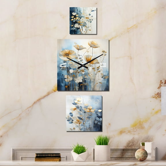 Designart "Serenity in Minimalist Beige and Gold Botanicals" Plants Oversized Wall Clock - Set Of 3 - Extra large Clock For Office Décor - Large Traditional Wall Clock
