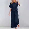 thumbnail image 2 of IWRICH Linen Sets for Women 2 Piece Boat Neck Short Sleeve Shirts Summer Wide Leg Casual Vacation Trousers Sets Navy XL, 2 of 4