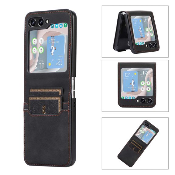Compatible with Samsung Galaxy Z Flip 5 Wallet Case Leather Shockproof Business Case for Women Men-Black