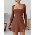 thumbnail image 2 of Womens Square Neck Bodice Dress Long Sleeve Side Slit Flare Mini Dresses, 2 of 7
