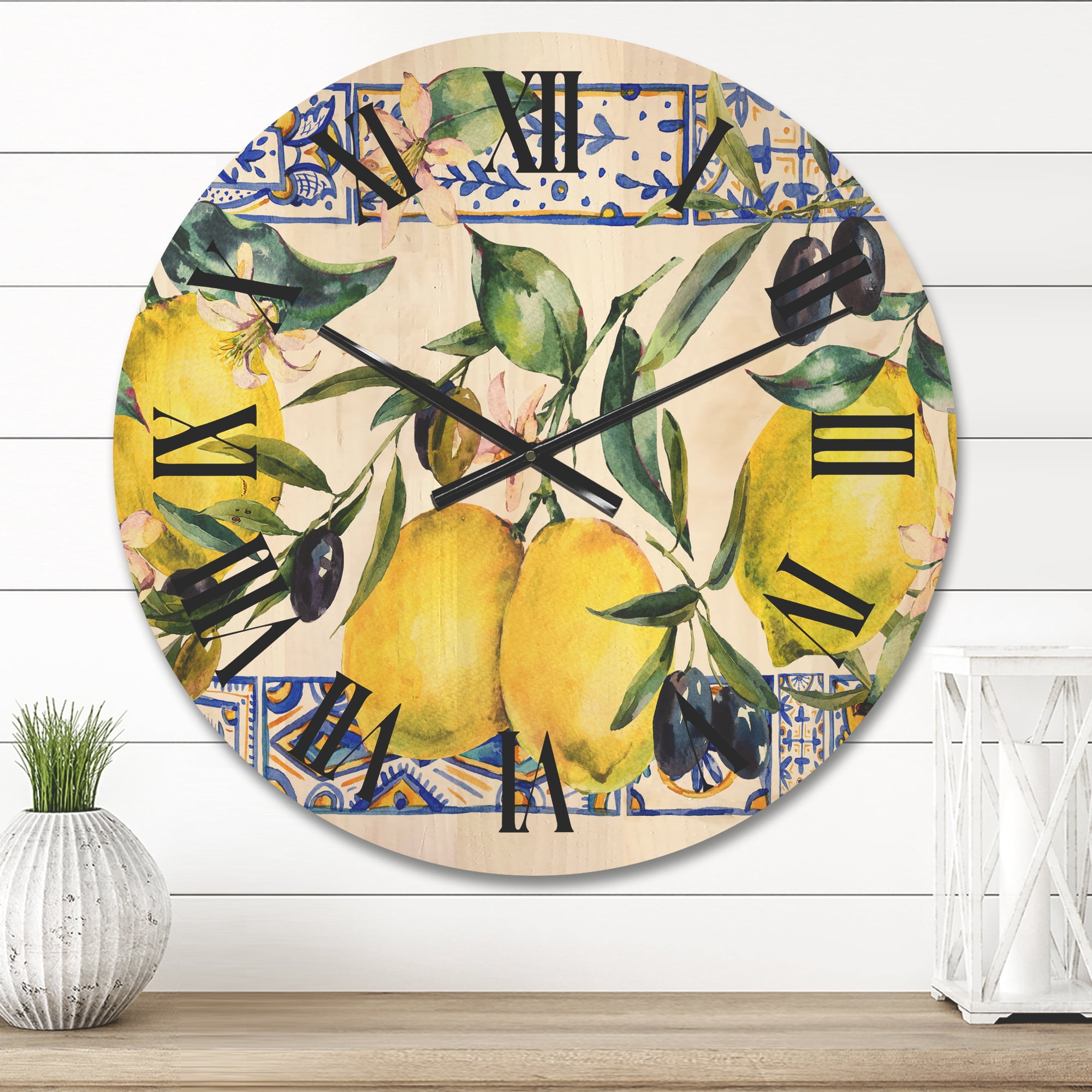 Designart 'Geometrical Pattern of Lemon Ornament On Blue II' Tropical Wood Wall Clock