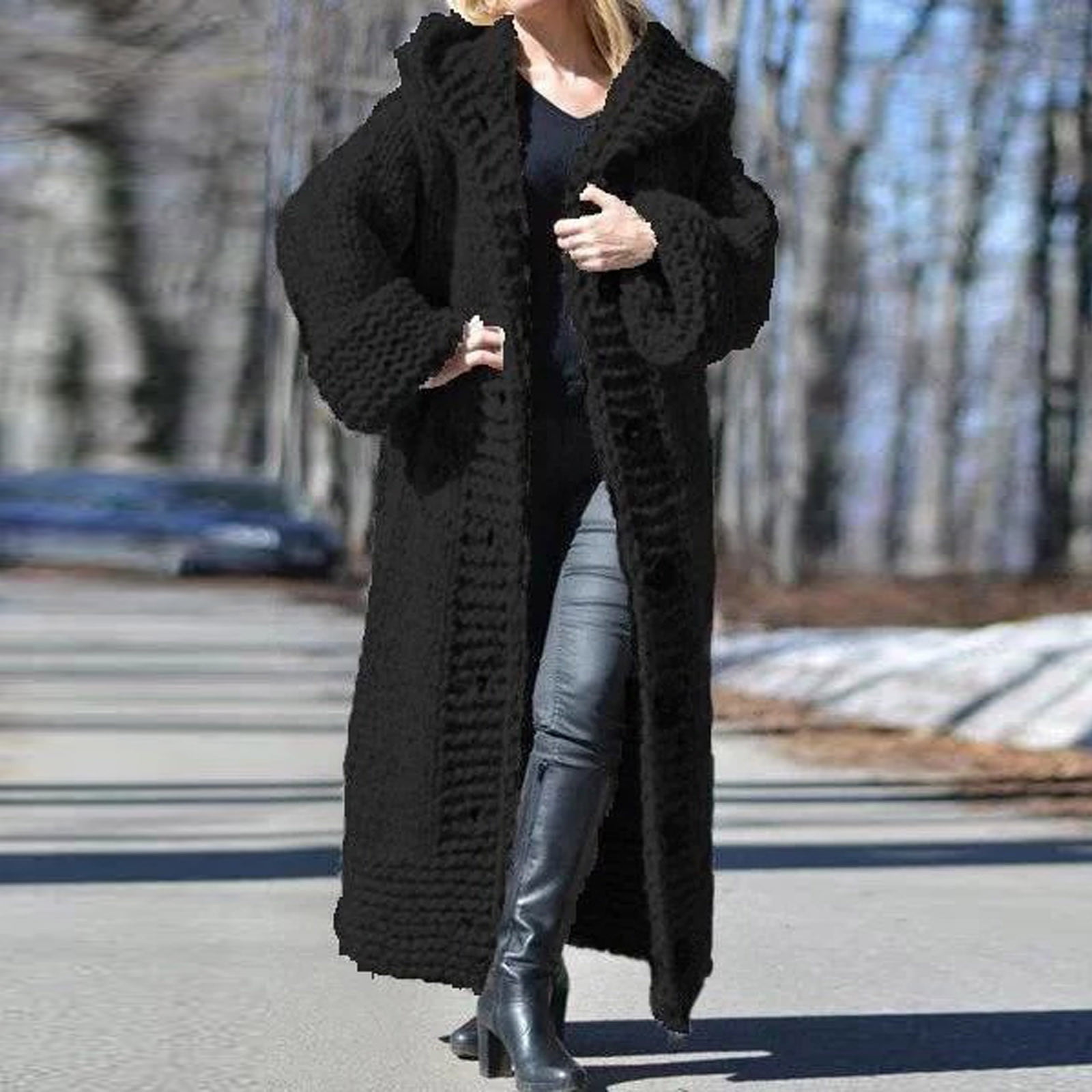Under The Knee Length Coats for Women Knit Sweater with Hood Long Sleeve Open Front Warm Long Cardigans with Pockets 