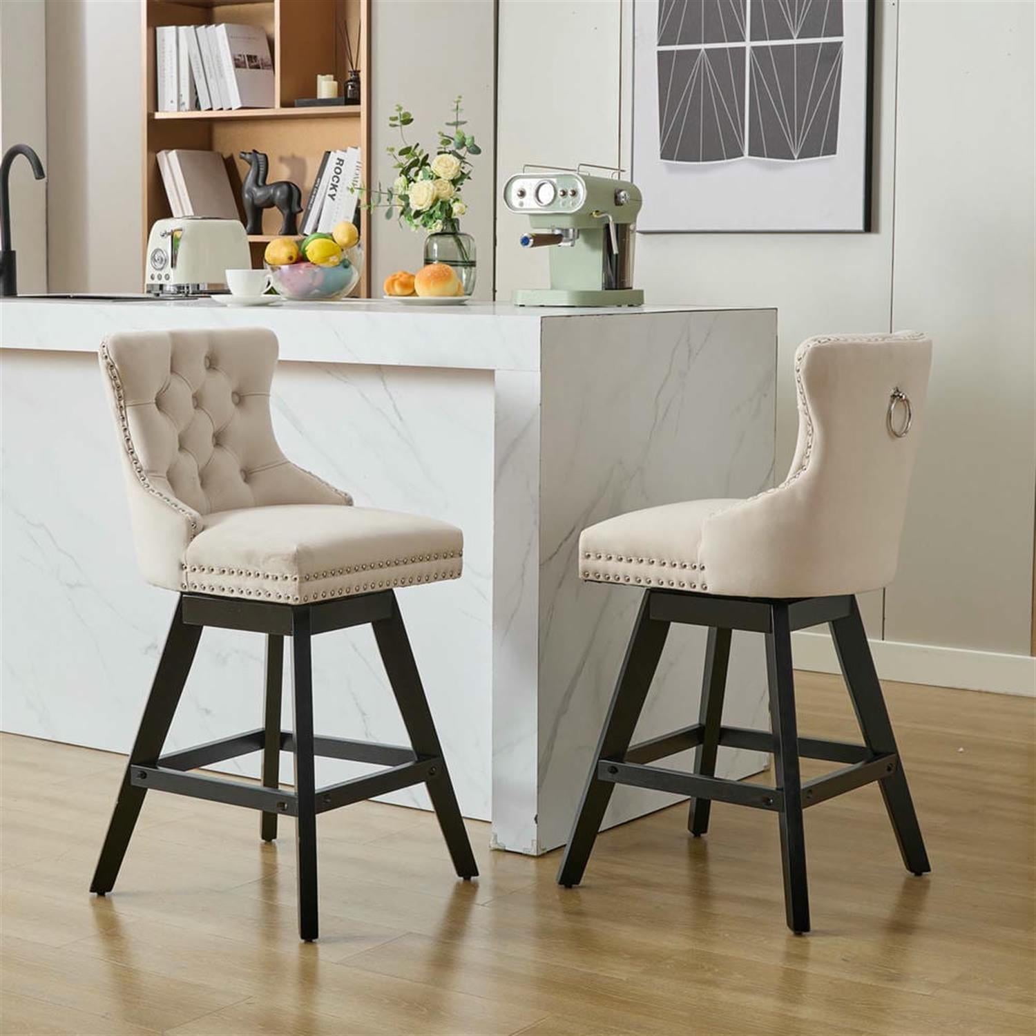 Demi Bonn 38" Counter Height Bar Stools Set of 2, Velvet Swivel Barstools with Button Tufted Back, Kitchen Island Countertop Chairs for Dining Room, Beige