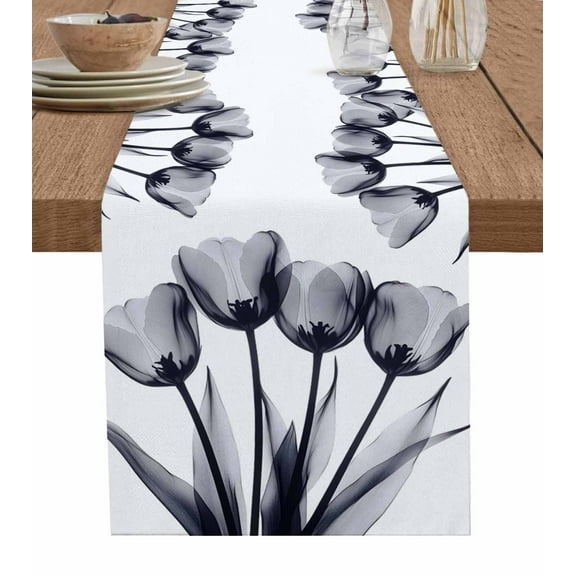 Grey Tulip Table Runner Cotton Linen 120 Inch Holiday Dresser Scarves, Farmhouse Elegant Flowers Botanical Tablerunner for Kitchen Coffee Dining Bedroom Living Room Dinner Scarf Décor 13''x120''