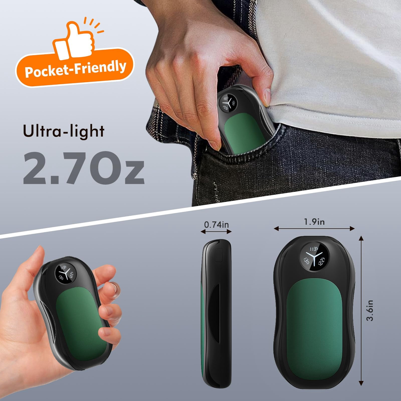 Hand Warmers Rechargeable 2 Pack, 6000mAh Portable Electric Hand Warmer with Magnetic Design, Digital Display, 3 Heat Levels, USB-C Fast Charging, Pocket Heater for Outdoor, Golf, Hunting, Camping