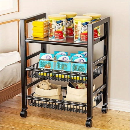 3-Tier Rolling Storage Rack with Wire Baskets - Adjustable Steel Organizer on Wheels for Kitchen, Garage & Bathroom, Black Versatile Shelving Unit