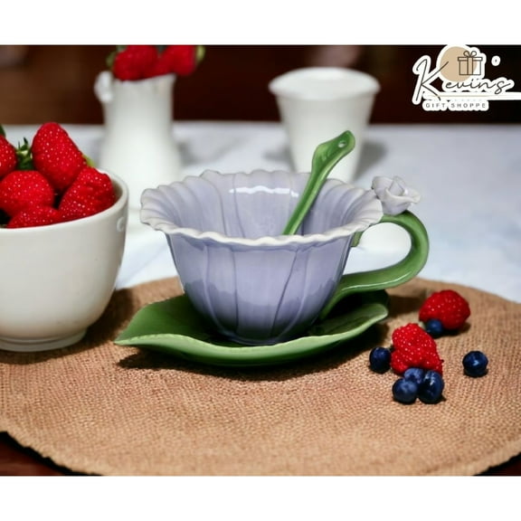 Ceramic Dahlia Flower Cup Saucer Spoon Set Tea Party Friend Coworker