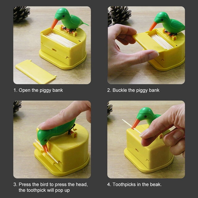 Toothpick Box Toothpick Storage Case plastic holder; toothpick dispenser; Automatic Dispenser Bird Shape ABS Plastic Holder, Green, Yellow