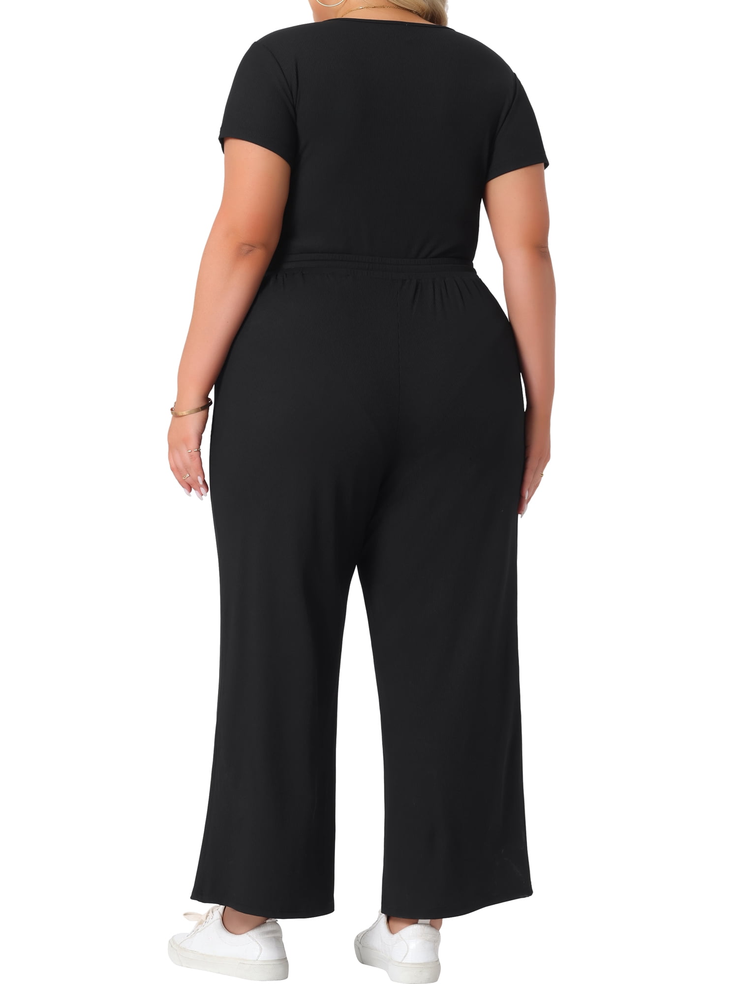 DARING DIVA Women's Plus 2 Pcs Short Set Bodysuit Top Wide Leg Pants 1X Black