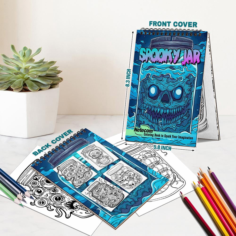 Netecom Spooky Jar Coloring Book for Adults, A5 Wooden Cover, 30 Haunting Coloring Pages of Magic Jars for Stress Relief and Relaxation, Spiral Bound Edition