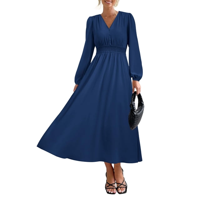 Vestido largo PRETTYGARDEN 2025 primavera manga larga con cuello en V para mujer