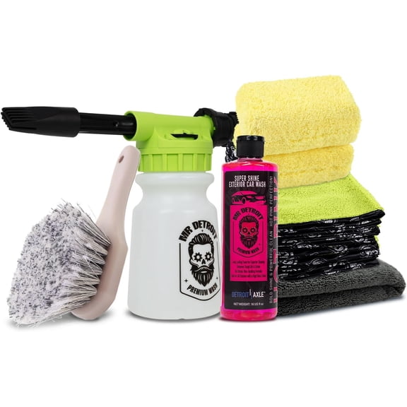 Mr. Detroit - 6pc Car Wash Kit with Foam Blaster, Car Wash Soap, Sponge Pads, Microfiber Towels, Wheel Body Brush, Professional Detailing for Vehicles, Home, Furniture and More