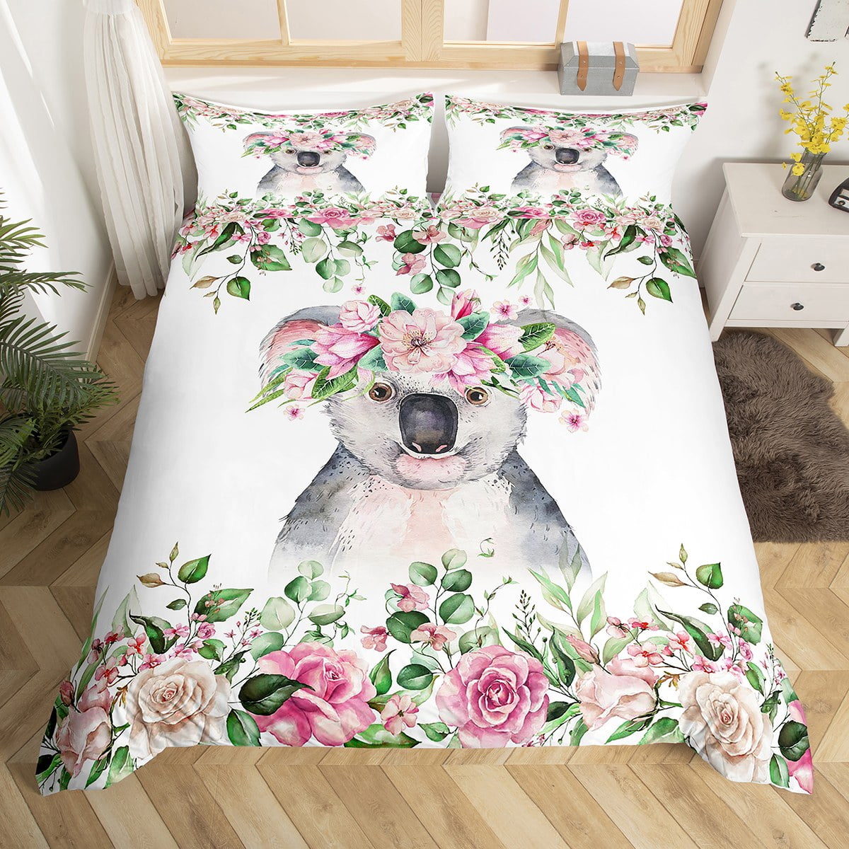 Cartoon Koala Bedding Sets King Chic Cherry Blossoms Comforter Cover