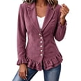 thumbnail image 3 of Dzrciro Corduroy Jacket Women, Plus Size Long Sleeve Lapel Button Pink Blazer Jacket with Ruffle Hem and Lace Cuffs, Elegant Fall Outerwear Jacket 3XL, 3 of 8