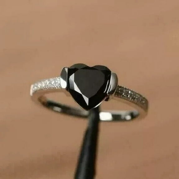 1Ct Heart Cut Lab-Created Black Diamond Women's Ring 14K White Gold Plated