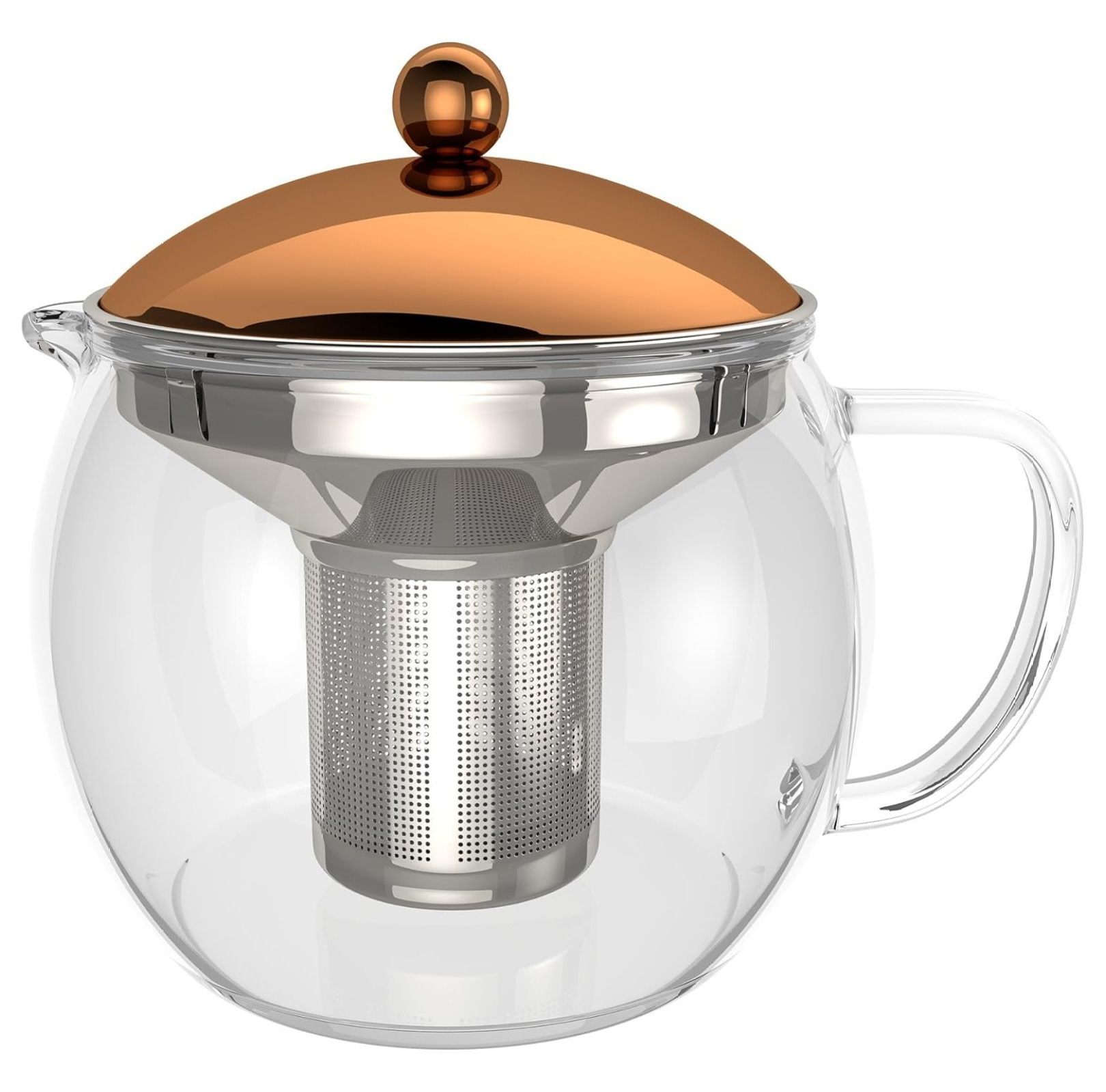 TEMPA Tea Infuser - Removable Stainless Steel Strainer, Teapot with Tea Diffuser for Loose Leaf Tea or Detox Teas, Heat Resistant Borosilicate Glass With Lid In Copper Finish, 1.60QT