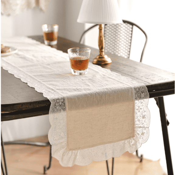 Elegant Lace Cotton Table Runner 14X84 inch – 100% Natural Dyed Cotton with Wide Cream Lace, Soft Fabric Dining Table Decoration for Home, Kitchen, Wedding, Party, Made in Korea