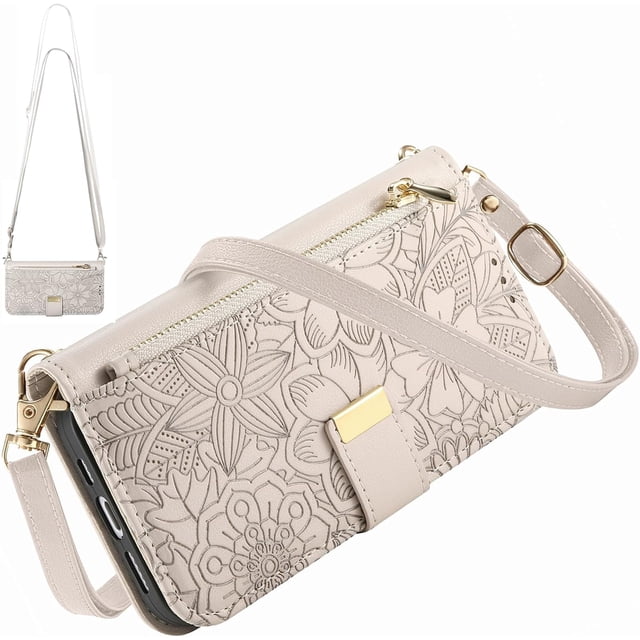 iPhone Funda Tipo Cartera Cruzada para 17 Pro con Correa y Bolsillo con Zíper, Cubierta de Cuero Floral