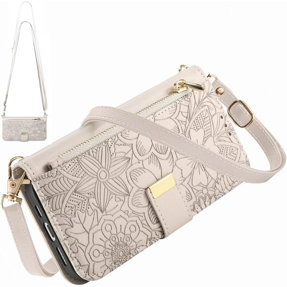 iPhone Funda Tipo Cartera Cruzada para 17 Pro con Correa y Bolsillo con Zíper, Cubierta de Cuero Floral