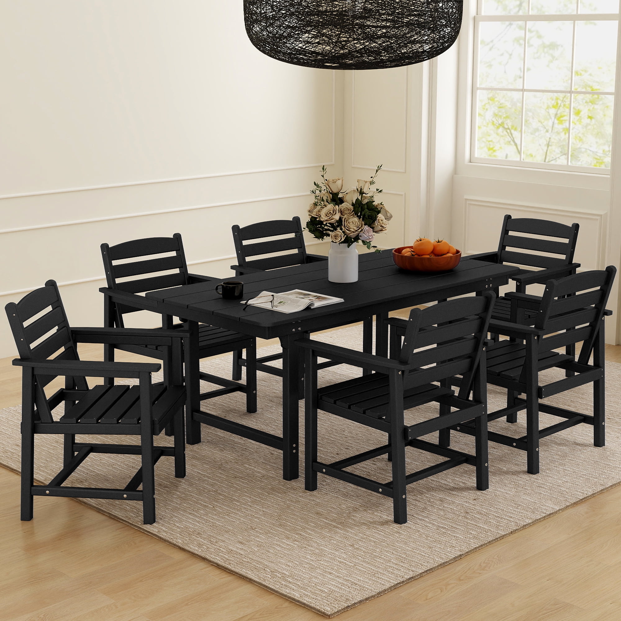 FOOWIN 7-Piece Patio Dining Set, HDPE All-Weather Outdoor Furniture with 6 Chairs and 1 Table, Black