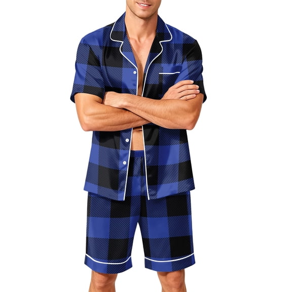 Leidass Short Sleeve Button Down Sleepwear Set for Men Pajama Set Lounge Set with Shorts Contrast Trim Relaxed Fit Black L