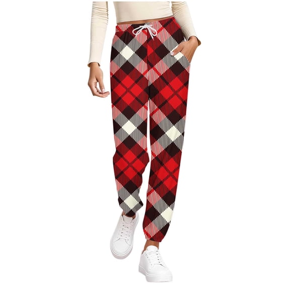 Ecqkame Women's Pajama Pants Plaid Printing Lounge Comfy Pant Casual Loose Straight Everyday Trousers with Drawstring Pockets Red S