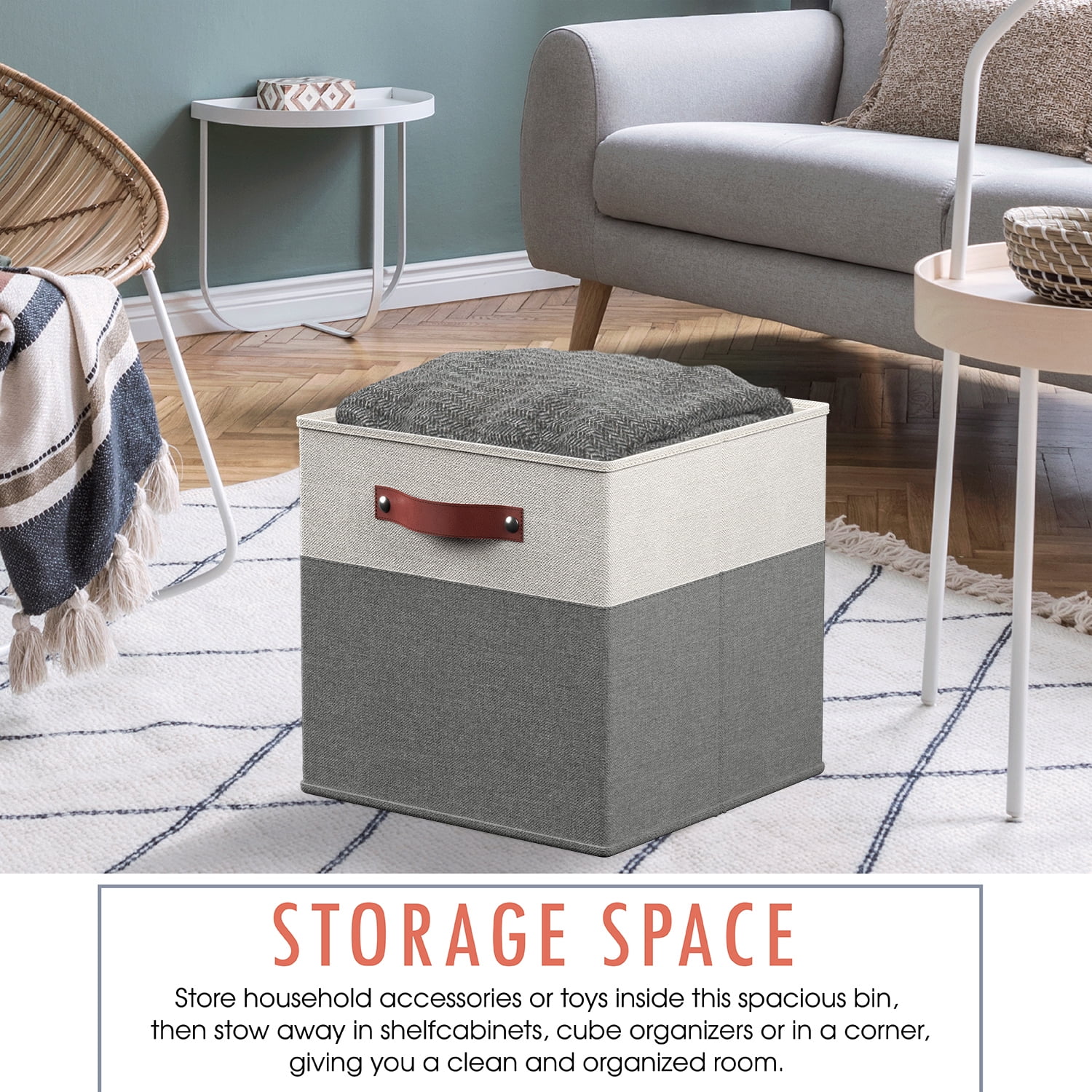 Ornavo Home Foldable Collapsible Storage Box Bins Linen Fabric Shelf Basket Cube Organizer with Leather Handles - Set of 6 - 13 x 13 x 13 - White/Gray