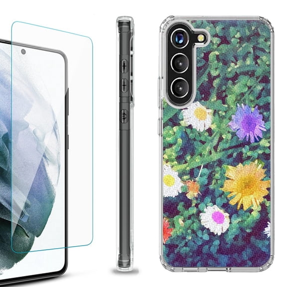 OneToughShield ® for Samsung Galaxy S23  S23 Plus 5G Shockproof Bumper Phone Case, with Tempered Glass Screen Protector - Daisy Paint