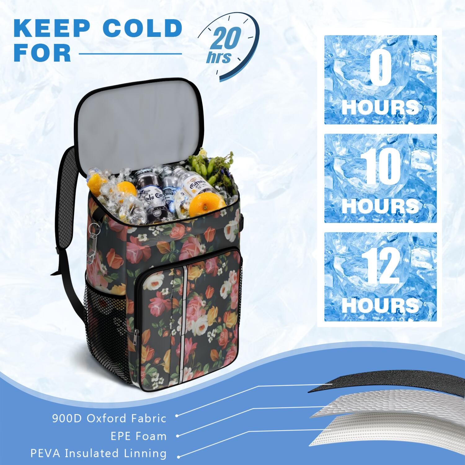 Travel Cooler Bag - Pioneer Flower Floral Print Pattern Camping Beer Cooler Backpack with Bottle Opener- Waterproof Insulated Picnic Backpacks - Cooler Bag for Beach