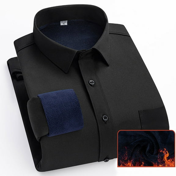 Dress Shirts for Men Long Sleeve Fleece Lined Button-Down Tshirts Shirt with Pocket and Collar Business Casual Slim Solid Color Thermal Work Tops