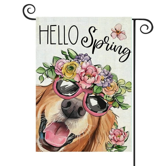 DMERBYL Spring Garden Flags for Outside 12x18 Inch Double Sided, Dog with Flowers Hat Small Yard Decoration, Seasonal Summer Anniversary Wedding Decor for Farmhouse Holiday Outdoor